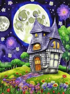 Diamond painting/HOMFUN - Malovaný domek a měsíc + třpytivé kamínky