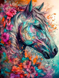 Diamantové malování - Kůň a barevné ornamenty (50x70)