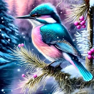 Diamantové malování/HOMFUN - Barevný ptáček na zimní větvičce+ třpytivé kamínky