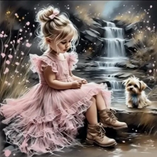 Diamantové malování - Děvčátko s pejskem u potoka (50 x 50)