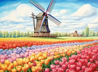 Diamantové malování/Huacan - Větrný mlýn a tulipánové pole