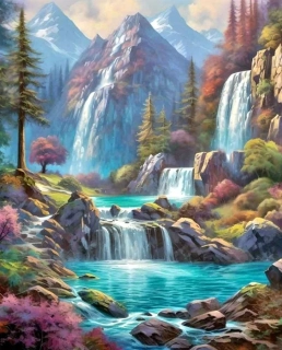 Diamantové malování - Vodopády v horách + perleťové kamínky (50x70)
