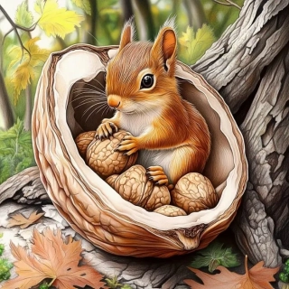 Diamantové malování - Veverka v oříšku