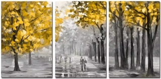 Diamantové malování - Cesta žlutým parkem + perleťové kamínky (3x 30x40)