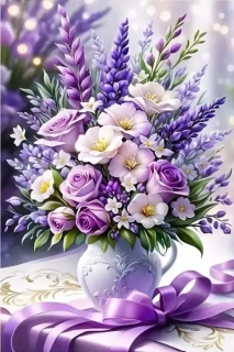 Diamantové malování - Fialová květina + perleťové kamínky (50x70)