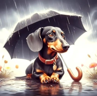 Diamantové malování/Huacan - Jezevčík pod deštníkem