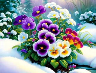 Diamantové malování/Homfun - Macešky ve sněhu