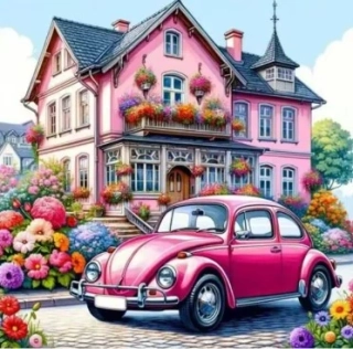 Diamantové malování/Huacan - Malovaný dům a červený brouk + perleťové kamínky (40x40)