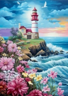 Diamantové malování -Rozkvetlý maják + perleťové kamínky (50x70)