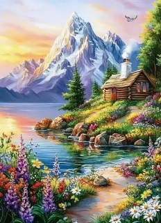 Diamantové malování - Horská chata u jezera (50x70)