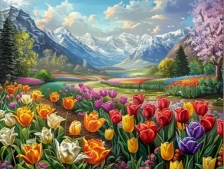 Diamantové malování - Tulipánové pole + třpytivé kamínky (60x80)