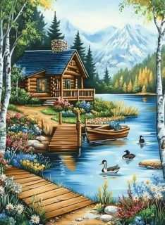 Diamantové malování - Srub u jezera (50x70)