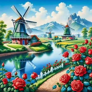 Diamantové malování/Homfun - Větrný mlýn v říčním údolí + perleťové kamínky (40x40)