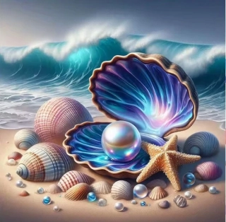 Diamantové malování/Homfun -Mušle a perla na pláži + perleťové kamínky (40x40)