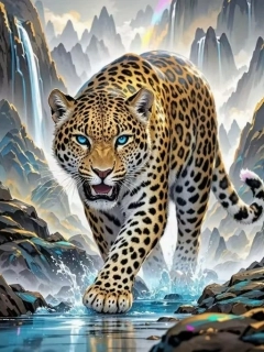 Diamantové malování - Gepard v horách + třpytivé kamínky (50x70)