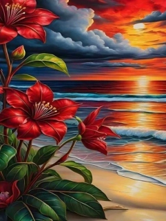 Diamantové malování - Rudé květy na pláži + perleťové kamínky (60x80)