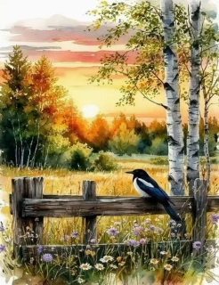 Diamantové malování - Louka s lučním kvítím u břízek + perleťové kamínky (60x80)