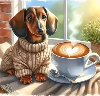 Diamantové malování/Homfun - Jezevčík a kávička + perleťové kamínky
