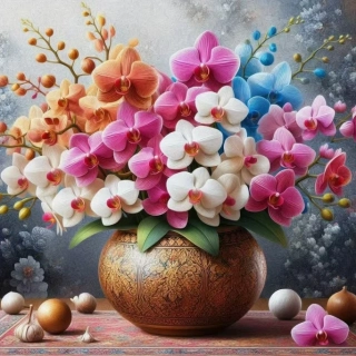 Diamantové malování - Kytice orchideí + perleťové kamínky (50 x 50)