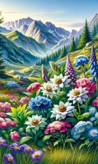 Diamantové malování - Jarní louka v horách (85 x 45)