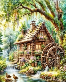 Diamantové malování/Huacan - Mlýn u potoka