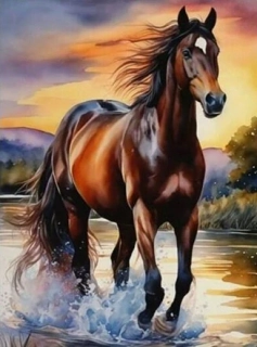 Diamantové malování - Kůň ve vodě (50x70)