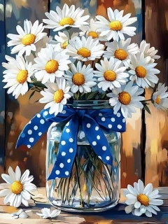 Diamantové malování - Kopretiny a puntíkatá mašle + perleťové kamínky (40x50)