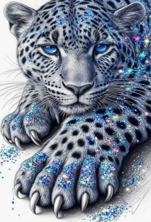 Diamantové malování - Leopard v modrém + třpytivé kamínky (40x50)