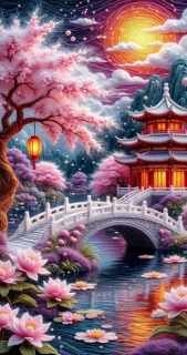 Diamantové malování - Japonská zahrada + perleťové kamínky (85 x 45)