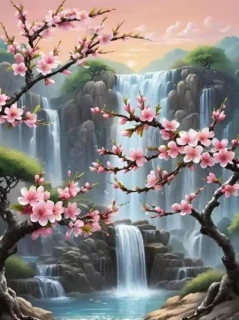 Diamantové malování/Huacan - Vodopád a rozkvetlá sakura